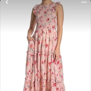 NWOT: Pink Smocked Floral Print Sleeveless Maxi Dress
